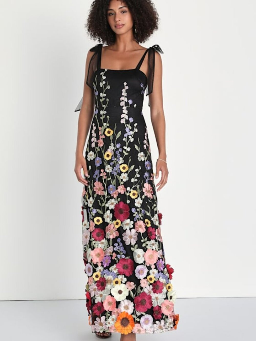 Lulus Thriving Poise Black 3d Floral Embroidered Tie-strap Maxi Dress - Size L